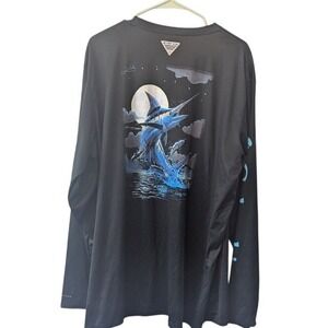 Columbia PFG Mens XXL 2TG Black Long Sleeve Fishing Shirt Marlin Moon
